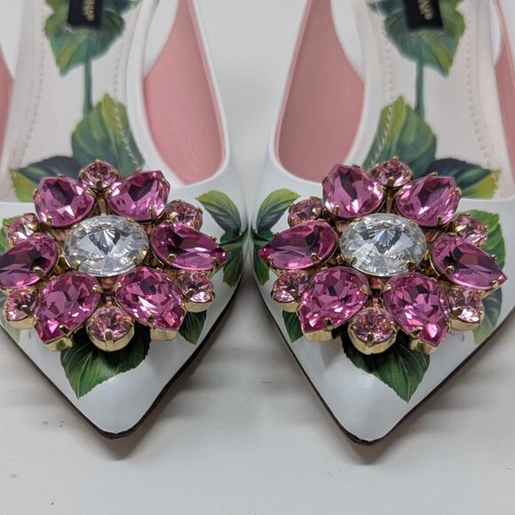 Dolce & Gabbana Jeweled Bellucci Floral Print Slingback Heels White and Pink 35 - Picture 2 of 16